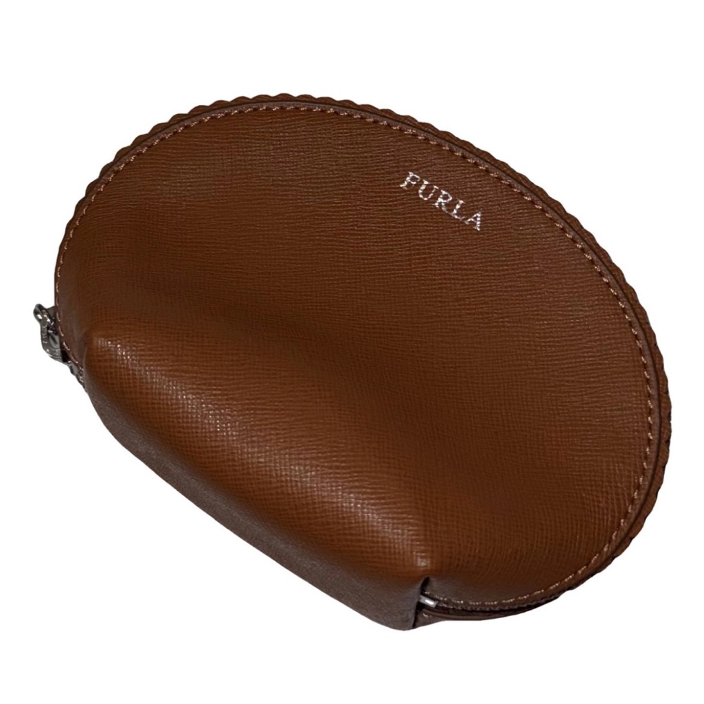 Furla Authentic Brown Leather Small Pouch Cosmetic Case Makeup Bag Vanity Travel